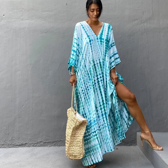 Boho summer lounge beach tunic coverup one size kaftan dress - Picture 2 of 5